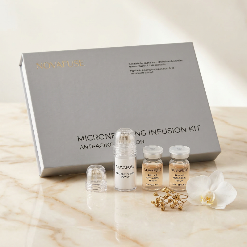 Novafuse Microneedling Infusion Kit on a marble surface with an orchid flower.